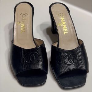 Chanel leather black sandal heeled slides Size 40